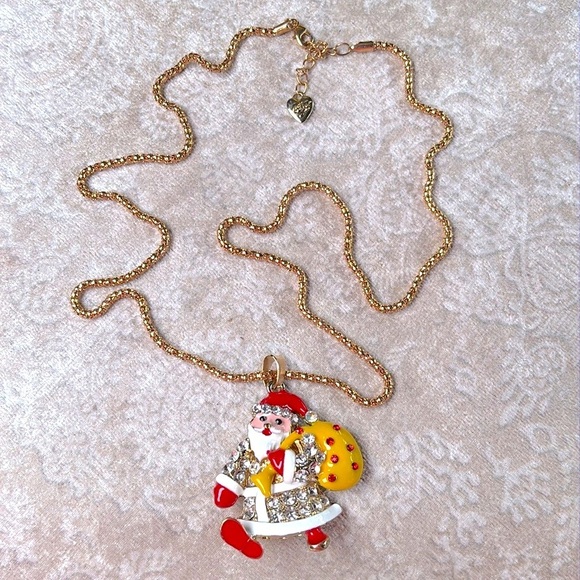 Betsey Johnson Jewelry - Betsey Johnson Crystal Santa Claus Christmas Gold Tone Long Chain Necklace